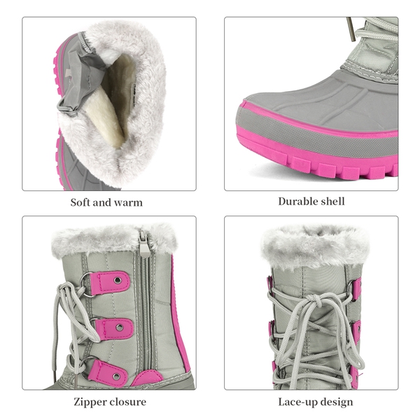 Girls and Boys Fur Lined Winter Snow Boots - GREY FUCHSIA - 3